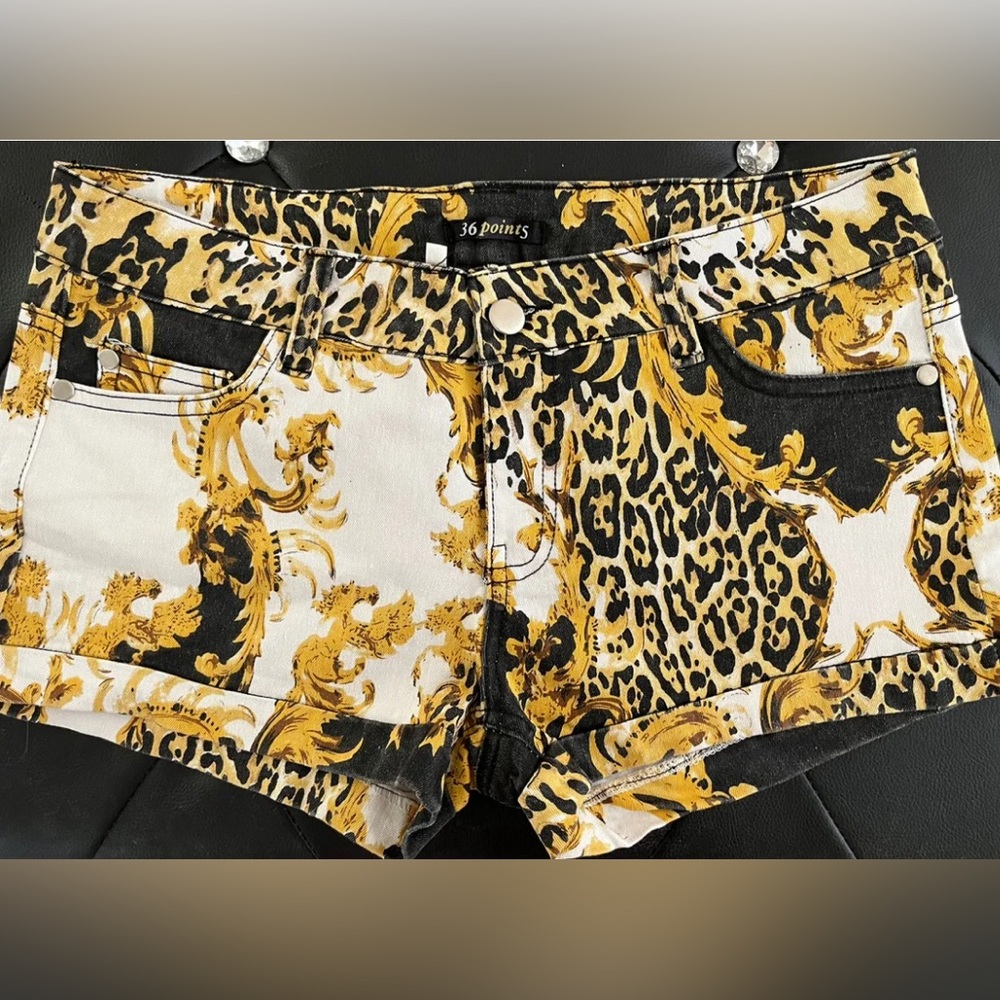 Designer inspired baroque scroll leopard shorts. L